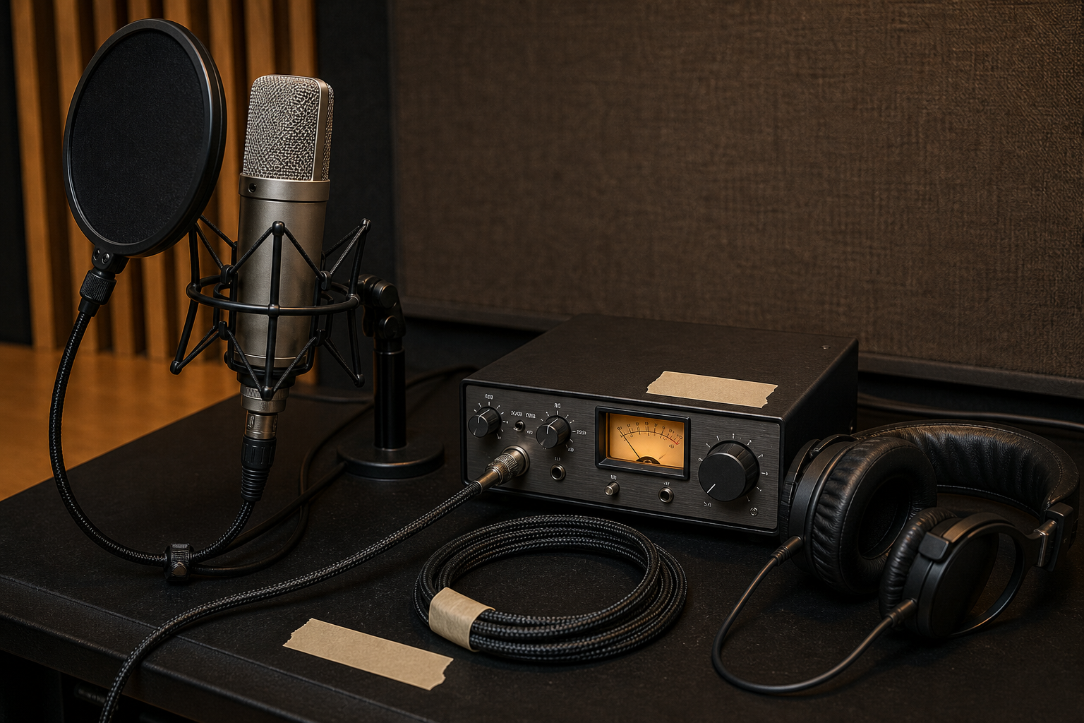 Microfono, preamplificatore e cuffie in una catena voce illustrativa