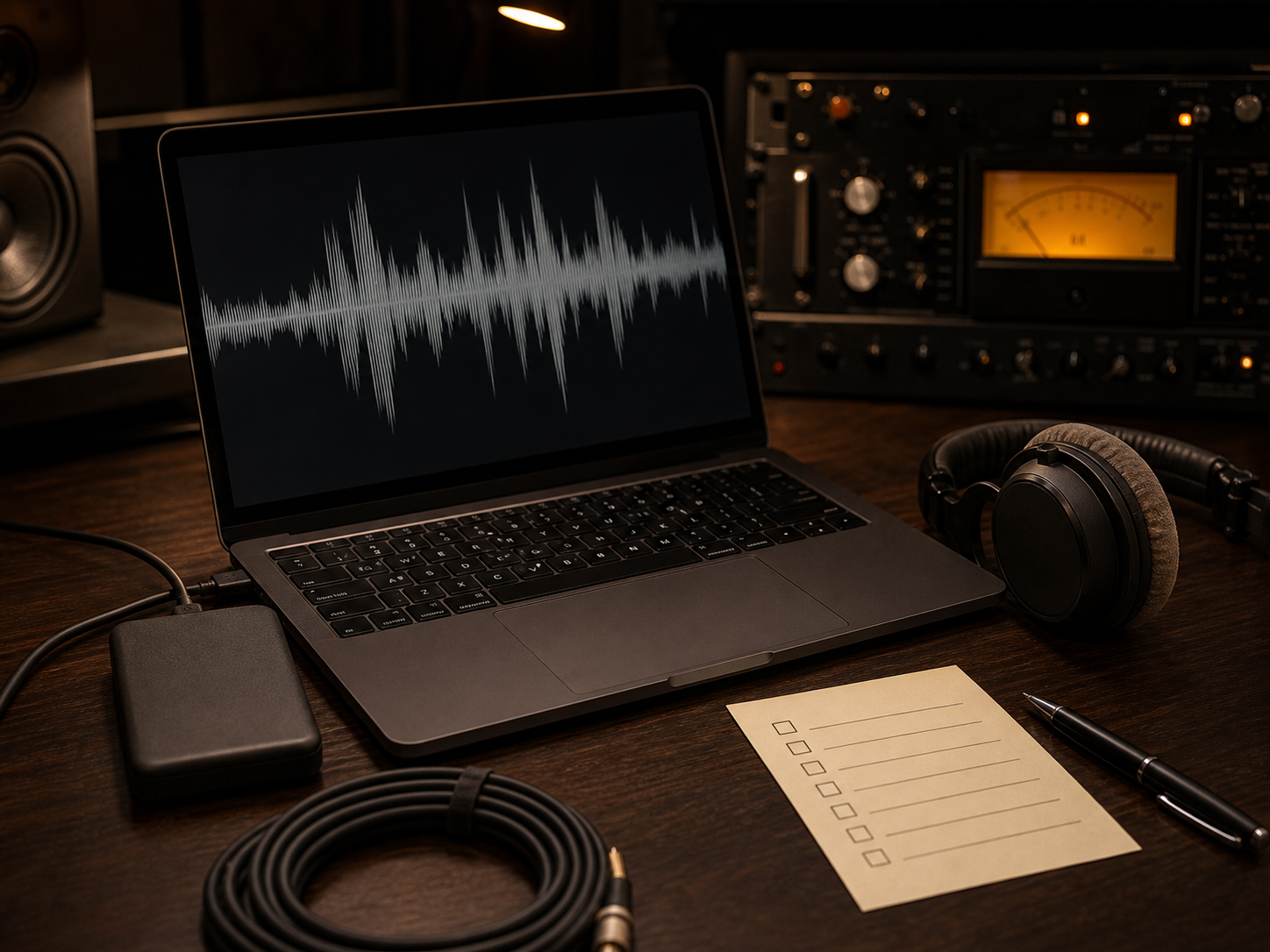 Postazione con waveform astratta e materiali di consegna audio