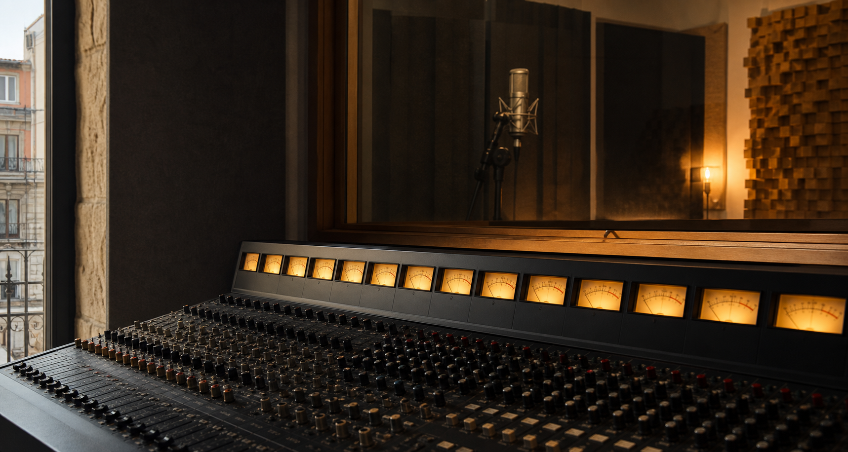 Console analogica con meter ambra e microfono in studio