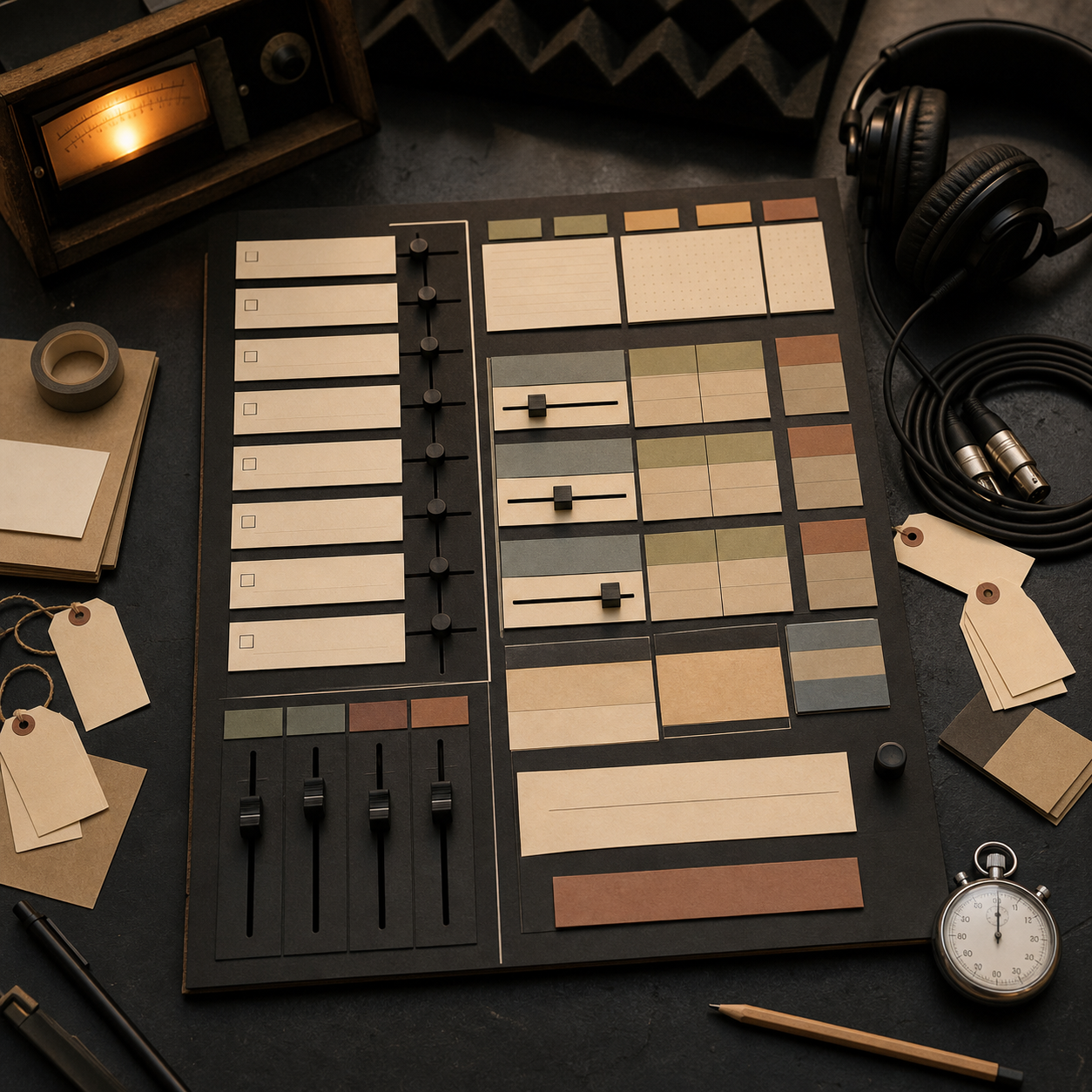 Tavolo di pianificazione con schede e oggetti audio illustrativi
